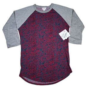 S Small LuLaRoe Randy Women's Baseball Tee 3/4 Sleeve Red Blue Pattern Gray NWT